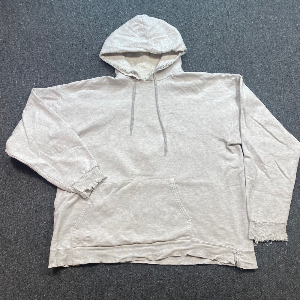 Vintage Hanes Ultimate Cotton Hoodie Sz XL Men Grey Grunge Distressed Frayed Hem